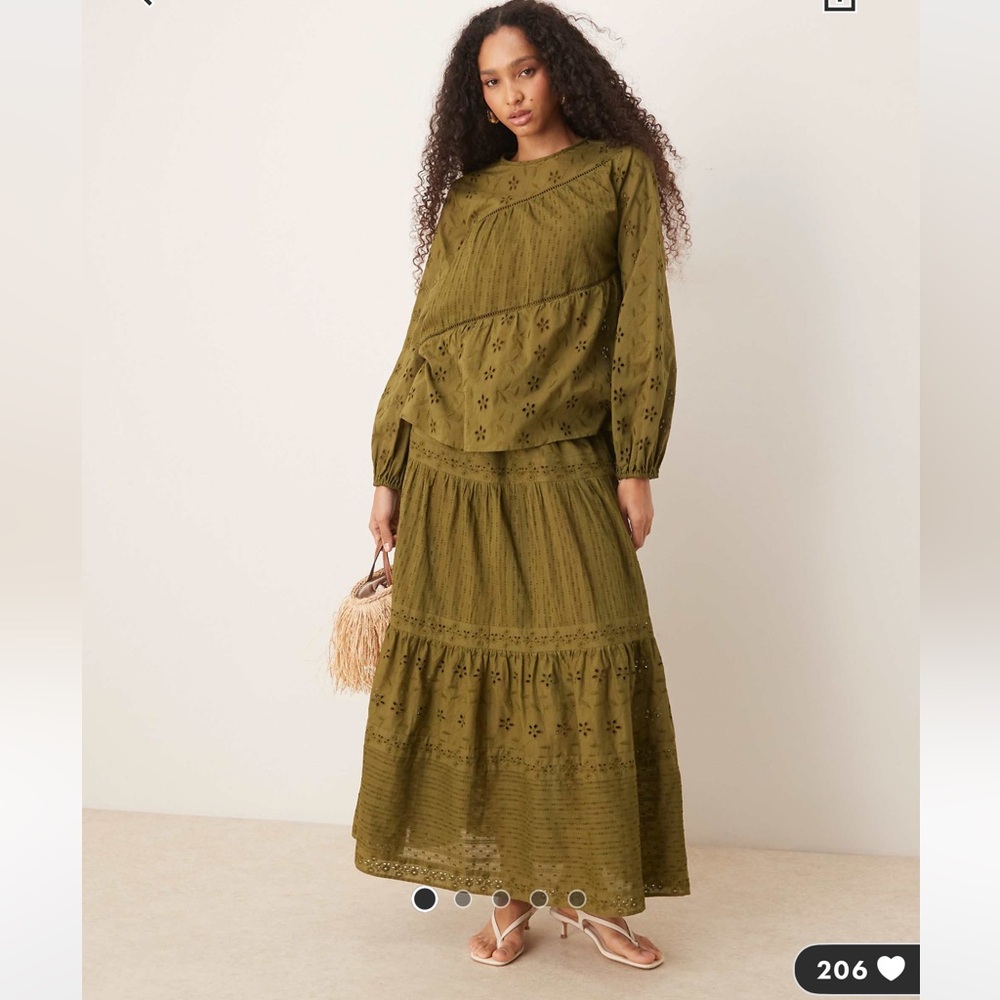 Olive Eyelet Tiered Maxi Skirt and blouse set